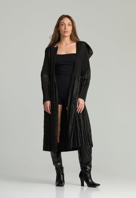Pleated Long Coat with Hood
